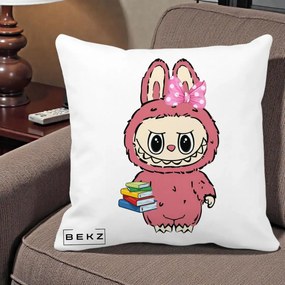 Perna Personalizata Labubu Roz cu Funda si Carti, 40x40 cm, Alba Mata, Husa Detasabila, Perna Inclusa, BEKZ®