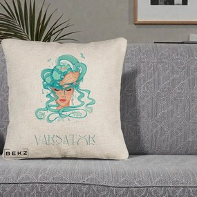 Perna Personalizata Zodiac Varsator Cowgirl, 40x40 cm, Bej Canapea, Husa Detasabila, Perna Inclusa, BEKZ®