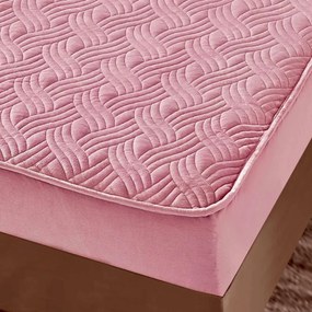 Husa de pat matlasata si 2 fete de perne din catifea, cu elastic, model tip topper, pentru saltea 180x200 cm, roz, HTC-12