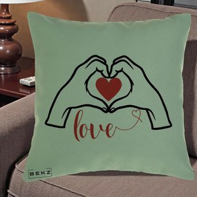 Perna Decorativa Love Maini Inima cu Inscriptie Love Rosu, 40x40 cm, Verde, Husa Detasabila, Perna Inclusa, BEKZ®