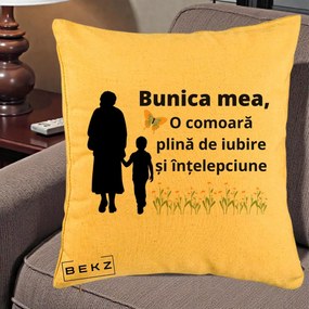 Cadou pentru Bunica - Perna Personalizata Bunica Mea Comoara cu Fluture si Baietel, 40x40 cm, Galben, Husa Detasabila, Perna Inclusa, BEKZ®