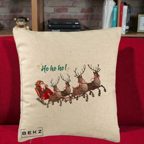 Perna Decorativa Ho Ho Ho Mos Craciun cu Sanie si Reni, 40x40 cm, Bej, Husa Detasabila, Perna Inclusa, BEKZ®