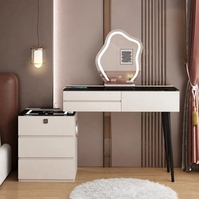 Set Hana, Masă de toaletă pentru machiaj, încărcare wireless, blocare amprentă, blat sticlă negru, iluminare LED 3 culori, ALB/NEGRU