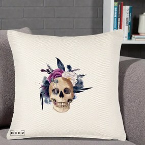 Perna Decorativa Craniu Floral cu Trandafiri si Ciuperci, 40x40 cm, Crem Reliefat, Husa Detasabila, Perna Inclusa, BEKZ®