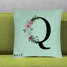 Cadou Personalizat - Perna Personalizata Monograma Florala Litera Q, 40x40 cm, Verde Menta, Husa Detasabila, Perna Inclusa, BEKZ®