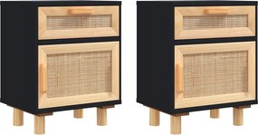 vidaXL Noptiere, 2 buc., alb, lemn masiv de pin și ratan natural