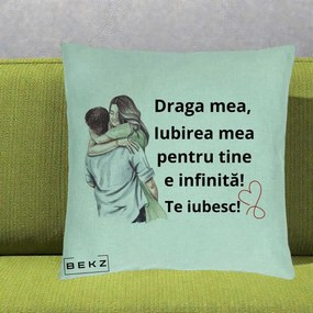 Cadou pentru Iubita - Perna Personalizata Draga Mea Iubirea Mea Infinita Te Iubesc cu Cuplu Acuarela, 40x40 cm, Verde Menta, Husa Detasabila, Perna Inclusa, BEKZ®