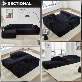 Canapea modulară în formă de L, din spumă de înaltă densitate, fără asamblare, țesătură din velur, șezlong pe Stanga, Negru