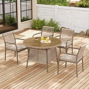 Set mobilier de grădină modern, 5 piese, masă rotundă cu blat din sticlă securizată, 4 scaune cu brațe cu spătar din sfoară, Maro