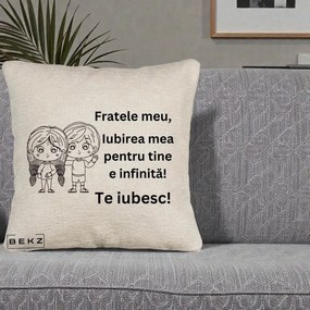 Cadou pentru Frate - Perna Personalizata Fratele Meu Te Iubesc Copii Anime Line Art Negru, 40x40 cm, Bej Canapea, Husa Detasabila, Perna Inclusa, BEKZ®