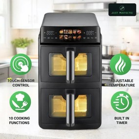 Friteuză dublă cu aer cald Just Perfecto JP-AF10DB, 2600 W, 10 l, 10 programe, 80-200 °C, circulație rapidă a aerului cald, gătire sincronizată, negru