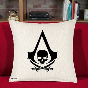 Perna Personalizata Assassin's Creed Black Flag Skull, 40x40 cm, Crem Reliefat, Husa Detasabila, Perna Inclusa, BEKZ®