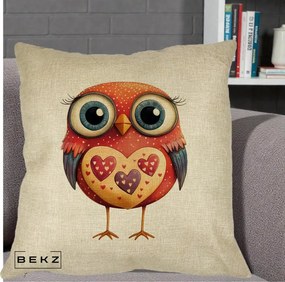 Perna Decorativa Bufnita Rosie cu Inimi Aurii, 40x40 cm, Crem, Husa Detasabila, Perna Inclusa, BEKZ®