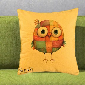 Perna Decorativa Pasare Patchwork Colorata, 40x40 cm, Galben, Husa Detasabila, Perna Inclusa, BEKZ®