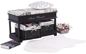Bancă cu pernă, 2 coşuri de răchită, maro închis/bej/imprimeu, SEAT BENCH 3