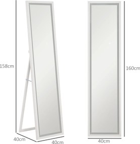 HOMCOM Oglindă Iluminată cu Lumini LED Reglabile și Buton Tactil, din Sticlă și MDF, 40x5x160 cm, Alb | Aosom Romania