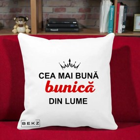 Cadou pentru Bunica - Perna Personalizata Cea Mai Buna Bunica Din Lume Coroana Neagra, 40x40 cm, Alba Mata, Husa Detasabila, Perna Inclusa, BEKZ®