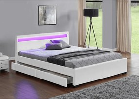 Pat matrimonial, iluminare RGB LED, piele ecologică albă, 160x200, CLARETA