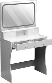 RESIGILAT- Set AMBER, Masă de toaletă pentru machiaj, oglindă banda LED, iluminare reglabila, 4 sertare, port incarcare dubla priza+USB, taburet cu spatiu depozitare, Alb