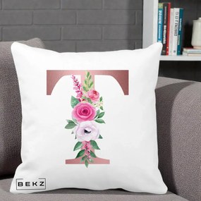 Cadou Personalizat - Perna Personalizata Monograma Rose Gold Litera T, 40x40 cm, Alba Mata, Husa Detasabila, Perna Inclusa, BEKZ®