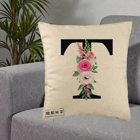 Cadou Personalizat - Perna Personalizata Monograma Florala Litera T, 40x40 cm, Bej, Husa Detasabila, Perna Inclusa, BEKZ®