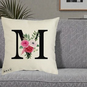 Cadou Personalizat - Perna Personalizata Monograma Florala Litera M cu Trandafiri si Anemona, 40x40 cm, Ecru, Husa Detasabila, Perna Inclusa, BEKZ®