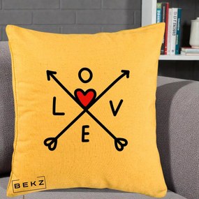 Perna Decorativa Love cu Sageti Incrucisate si Inima Rosie, 40x40 cm, Galben, Husa Detasabila, Perna Inclusa, BEKZ®