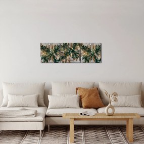 Tablou - Frunze tropicale, Galben - auriu (cu ceas) (90x30 cm)