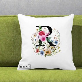 Cadou Personalizat - Perna Personalizata Monogram Litera R cu Flori Acuarela, 40x40 cm, Alba Mata, Husa Detasabila, Perna Inclusa, BEKZ®