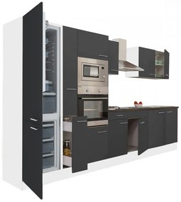 Mobilă de bucătărie Yorki 360, corp alb, față antracit satinat, frigider cu congelator inferior