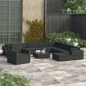 46750 vidaXL Set mobilier de grădină cu perne, 12 piese, negru, poliratan