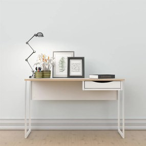 Birou alb EFREM PLUS 512 cu 1 sertar si blat cu decor stejar