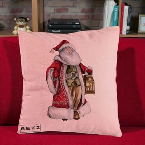 Perna Decorativa Mos Craciun Vintage cu Felinar, 40x40 cm, Roz, Husa Detasabila, Perna Inclusa, BEKZ®