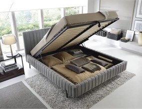 Pat matrimonial gri tapițat cu spațiu de depozitare cu somieră 140x200 cm Plissa – ELTAP