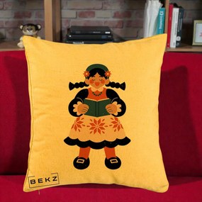 Perna Personalizata Fetita cu Carte Ilustratie Folk, 40x40 cm, Galben, Husa Detasabila, Perna Inclusa, BEKZ®