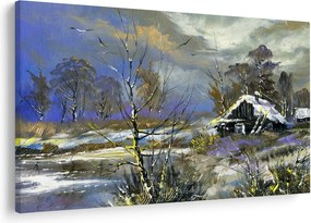 Tablou -Cabane într-un peisaj de iarnă, pictură în ulei (90x60 cm)