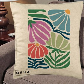Perna Decorativa Flori Grafice Multicolore Modern, 40x40 cm, Bej, Husa Detasabila, Perna Inclusa, BEKZ®