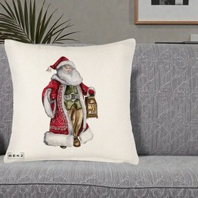 Perna Decorativa Mos Craciun Vintage cu Felinar, 40x40 cm, Crem Reliefat, Husa Detasabila, Perna Inclusa, BEKZ®
