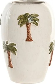 Vază decorativă tropical pictată manual alb cu accente maro și verde din ceramică , "Palmira"