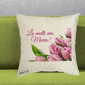 Cadou de Onomastica - Perna Personalizata La Multi Ani Maria Lalele, 40x40 cm, Ecru, Husa Detasabila, Perna Inclusa, BEKZ®