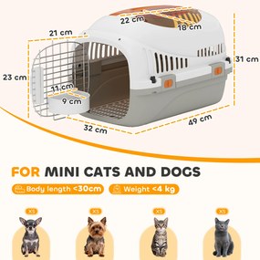 PawHut Transportor pentru Pisici și Câini Mici din Plastic, cu Fereastră Superioară, Ușă din Oțel, Bol pentru Hrană, pentru Animale max 4 kg, 49x32x31 cm, Gri | Aosom Romania