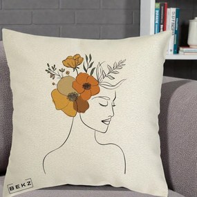Perna Decorativa Portret Feminin Flori Galbene-Portocalii, 40x40 cm, Ecru, Husa Detasabila, Perna Inclusa, BEKZ®