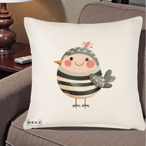 Perna Decorativa Pui Kawaii Teal cu Flori, 40x40 cm, Crem Reliefat, Husa Detasabila, Perna Inclusa, BEKZ®