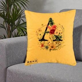 Cadou Personalizat - Perna Personalizata Monogram Litera A cu Flori Acuarela, 40x40 cm, Galben, Husa Detasabila, Perna Inclusa, BEKZ®