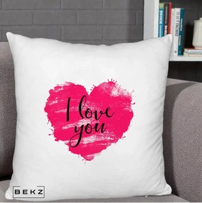Cadou Romantic - Perna Personalizata I Love You Inima Roz, 40x40 cm, Alb Pufos, Husa Detasabila, Perna Inclusa, BEKZ®