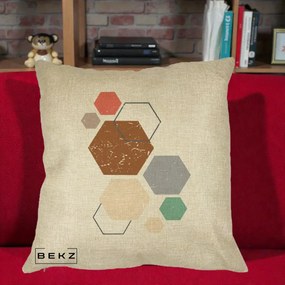 Perna Decorativa Geometric Hexagoane Multicolor, 40x40 cm, Crem, Husa Detasabila, Perna Inclusa, BEKZ®