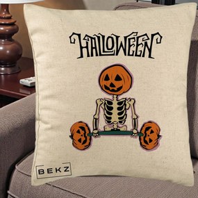 Perna Decorativa Halloween Schelet cu Cap de Dovleac Powerlifting, 40x40 cm, Bej, Husa Detasabila, Perna Inclusa, BEKZ®