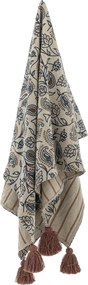 Pătură din bumbac reciclat, natur, cu model botanic în stil vintage, cu ciucuri maro, „Paisley", 160 x 130 cm