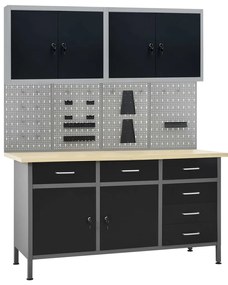 vidaXL Banc de lucru cu patru panouri de perete și două dulapuri