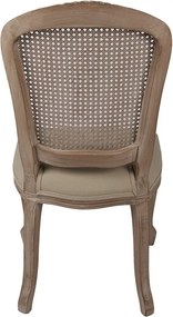 Scaun dining tapițat shabby chic din lemn, ratan și stofă, bej, cu spătar cannage și picioare cambrate sculptate, 95 x 52 x 49 cm, „Fleurette”
